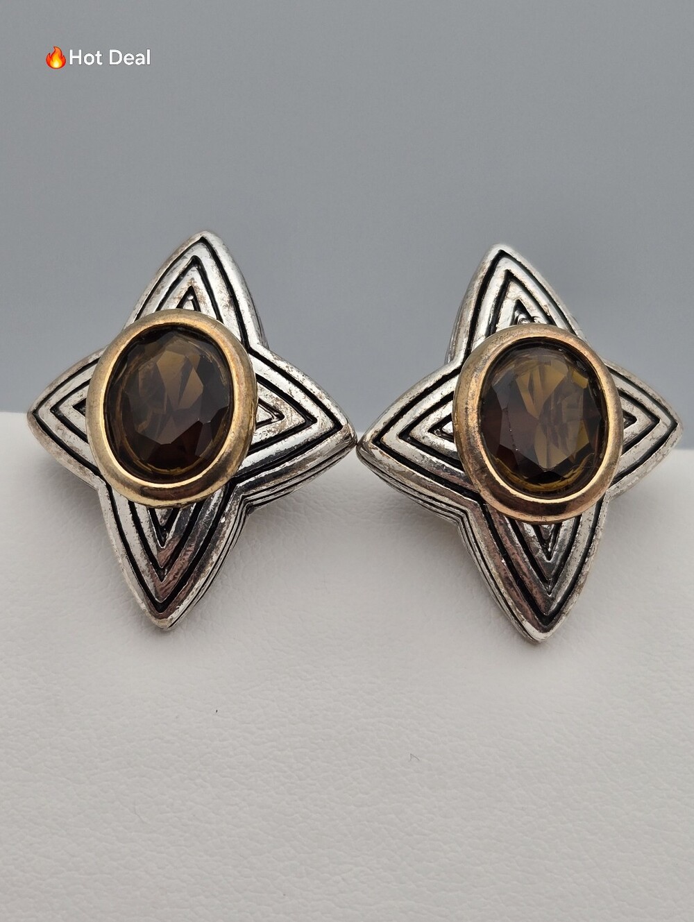 Vintage Avon NR Amber Rhinestone Starburst Earrings Silver Gold Tone 1"